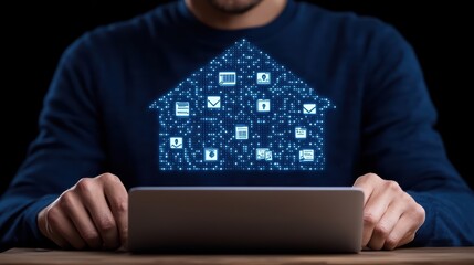 Poster - digital home concept with icons on chest of person using tablet in dark background