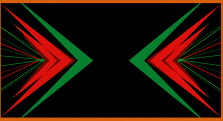 Poster - A symmetrical abstract design features red and green arrow-like shapes pointing outwards against a black background, framed by an orange border, creating a modern graphic.