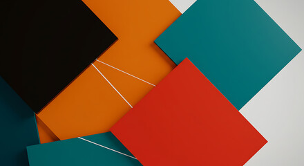 Poster - A modern abstract composition features overlapping colorful geometric shapes, including squares and triangles, creating a dynamic and visually engaging design with a clean, minimalist aesthetic.