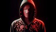 © Yasar - A hooded figure with a pixelated face illuminated by red light represents digital anonymity and cyber themes.