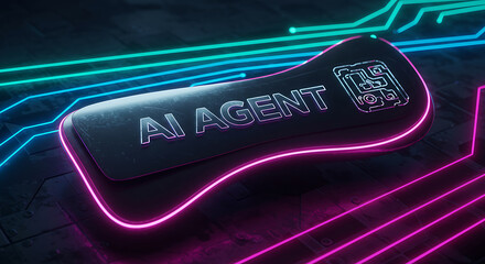 Poster - A futuristic digital AI agent concept is displayed with neon lights and a sleek design, showcasing technology and innovation within a modern, digital landscape.