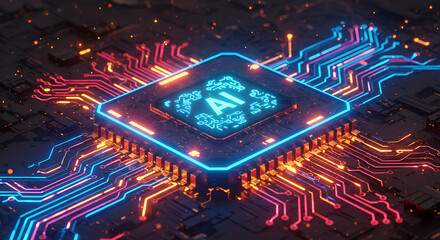 Fototapete - A futuristic computer processor with an AI logo glows with neon lights, showcasing advanced technology and artificial intelligence within a digital circuit board.