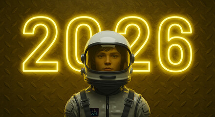 Aufkleber - An astronaut in a spacesuit stares intently at the viewer against a backdrop of the year 2026 illuminated in bright yellow neon lights, creating a futuristic and thought-provoking image.