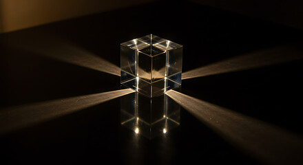 Aufkleber - A clear glass cube refracts light, casting geometric shadows on a dark surface, creating an abstract and artistic display of light and form, perfect for visual interest.