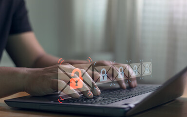 Poster - E-mail phishing concept. Businessman using laptop with electronic email hacking and spam warning symbol. cyber attack network, virus, spyware, Cyber security personal data, cybersecurity, cybercrime.