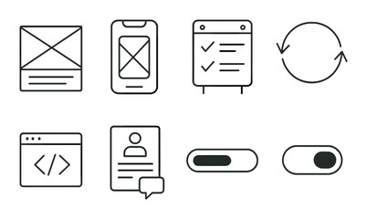 Product development outline icons set – linear, design and process symbols
