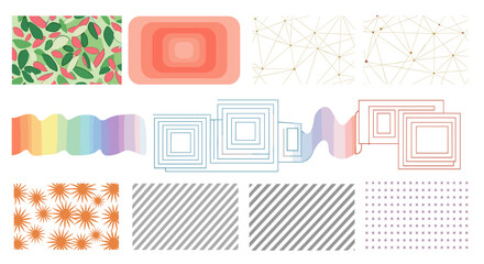 Fototapete - Assorted patterns including leaves, squares, lines, and starbursts arranged in a grid format image design
