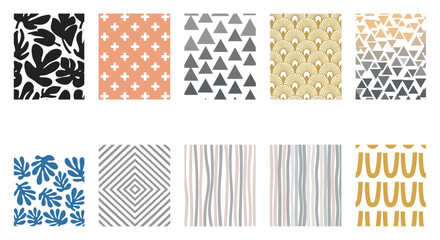 Poster - Collection of ten abstract patterns featuring leaves, triangles, lines, and geometric shapes arranged vertically