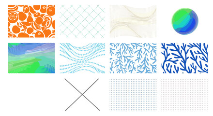Fototapete - An assortment of patterns including fruit, lines, dots, coral, and a watercolor oval in a grid layout