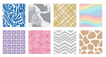Poster - Collection of eight abstract patterns featuring diverse designs and color schemes in a grid layout format
