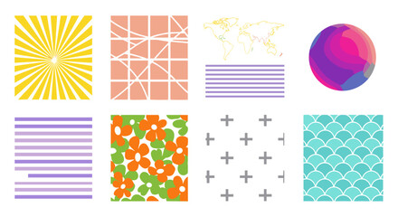 Poster - Assorted geometric and floral patterns with a gradient sphere on a white background display art