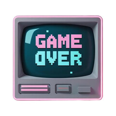 Poster - Retro game over screen on old television set with pixelated text and neon glow for gaming enthusiasts and nostalgia
