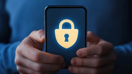 Poster - Secure Smartphone Displaying Locked Padlock Icon in Hands, Emphasizing Digital Security and Protection Concept