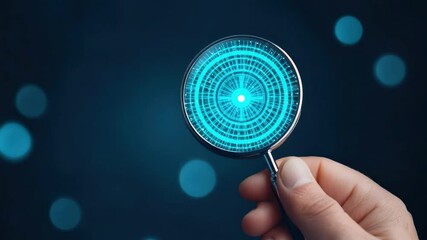 Poster - Futuristic Hand Holding a Magnifying Lens with Blue Glow and Digital Elements Against a Dark Background