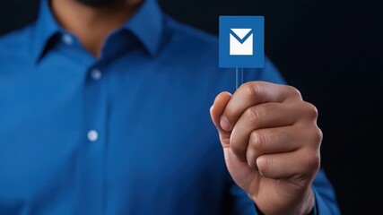 Poster - Handholding Message Icon on a Blue Shirt Background with a Dark Backdrop for Digital Communication Themes