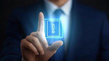 Poster - Businessman in Suit Interacting with Virtual Warning Sign Gesture in Dark Environment for Technology Themes