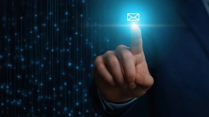 Poster - Hand Reaching for Email Icon with Glowing Effect in Modern Digital Communication Concept