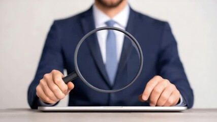 Poster - Businessman using magnifying glass over digital icons representing online communication and technology in the office