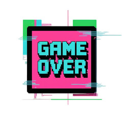 Poster - Game over pixel art design for retro gaming enthusiasts and arcade lovers with glitch effect and vibrant colors
