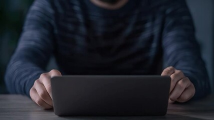 Poster - Person Using Tablet with Holographic Email Icon in Dark Environment for Communication Technology Concept