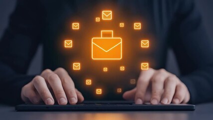 Poster - Person Typing on Keyboard with Floating Email Icons Representing Digital Communication and Networking Concepts