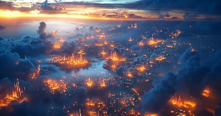 Wall Mural - overhead view of a cityscape with glowing orange lights set against a backdrop of clouds. this captu