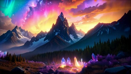 Wall Mural - Majestic mountains under aurora sky with purple flowers and crystal formations in scenic landscape, fantasy artwork