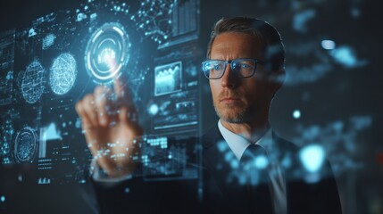 Poster - A businessman interacts with a futuristic digital display, showcasing advanced technology and data visualization.