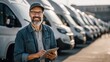 © CStock - A smiling man in a hat stands in front of delivery vans, holding a tablet on a sunny day, exuding confidence.