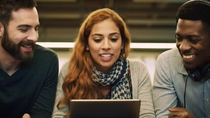 People, happy or tablet in office for web development, brainstorming or casual meeting. Software engineer team, tech or laugh in agency for funny story, inside joke or career humor with communication