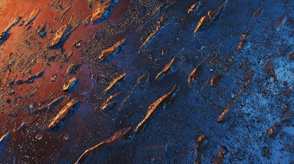 Poster - Abstract Orange and Blue Metallic Texture with Sparkling Particles and Ridges Industrial Feel