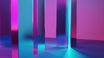 Poster - Reflective Geometric Shapes Illuminated by Vibrant Pink and Blue Lighting Creating an Abstract Composition