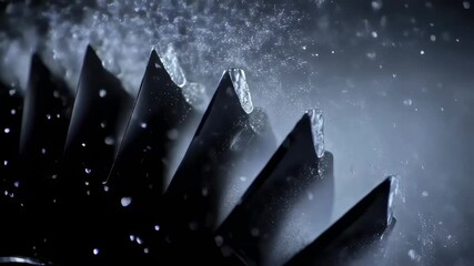 Poster - Crystalline structures emerge on the dark, jagged edge of a jet engine fan blade as droplets of cold spray impact and solidify, showcasing advanced repair techniques