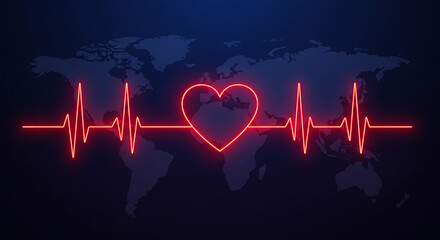 Poster - Neon Heartbeat Pulse Line with World Map Background