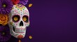 © Kelsey - Colorful Pixel Art Skull with Flowers on Purple Background Decor