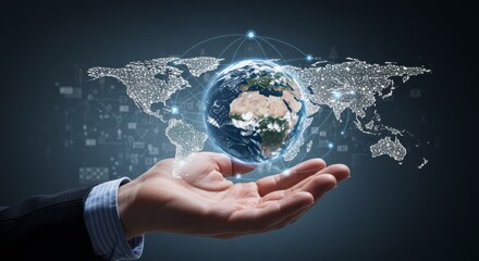 Illustration of Hand Holding Globe with Digital World Network