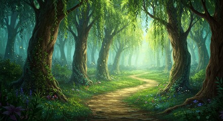 Pixel Art Forest Path Trees Lush Green Nature Scenery