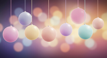 Poster - Soft Pastel Holiday Ornaments Hanging on Gentle Bokeh Background