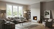 © StephenW - Realistic Living Room Interior with Gray Sofa and Fireplace Design