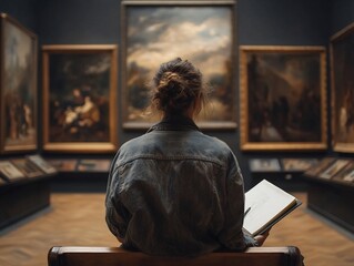 Woman sketching in art museum, surrounded by framed paintings, artistic inspiration