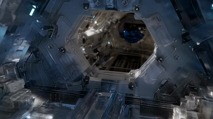Aufkleber - Complex metallic structures and glowing crystal components define the advanced technology of this spaceship corridor, suggesting interstellar travel and futuristic engineering
