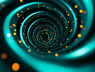Poster - Swirling Turquoise Vortex With Glowing Orange Particles in a Mesmerizing Digital Space