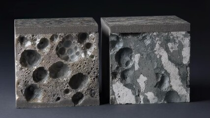 Poster - Identical cubic samples of aluminum foam core showcase their porous structure before and after undergoing shock peening treatment, highlighting the textural changes resulting from this process