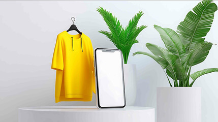 A clean 3Drendered shopping experience on a mobile device showcasing an online store in pastel colors