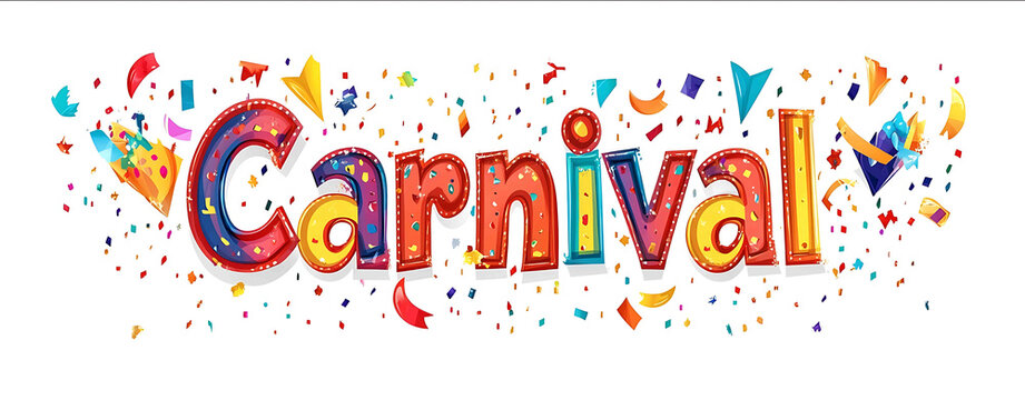 Vector flat color illustration of the word Carnival in colorful lettering decorated with confetti and ribbons on a white background Carnival party celebration concept design element f