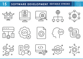 Leinwandbilder - A set of line icons related to Software Development. Software, develop, program, install, develop, files, and so on. Vector editable stroke.