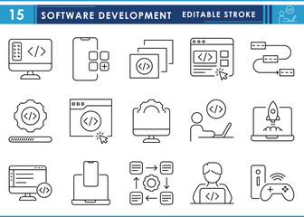 Leinwandbilder - A set of line icons related to Software Development. Software, design, coding, system, gear, developer, and so on. Vector editable stroke.