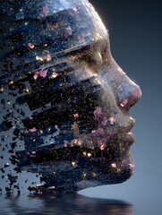 Poster - Abstract face profile made of shattered pieces with pink and golden sparkles on a reflective surface