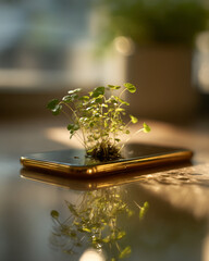 Poster - Small green plants growing from a smartphone on a reflective surface in soft natural light indoors