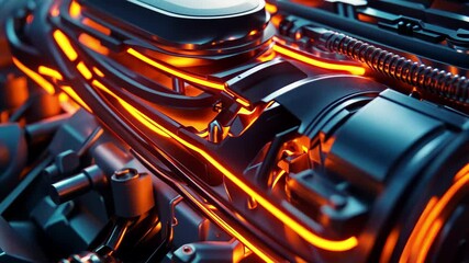 Poster - Closeup view of an advanced futuristic car engine with glowing elements in a high-tech environment, A close-up of a futuristic car engine with glowing energy lines, representing innovation and power